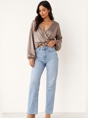 Free People Satin Wrap Crop Top Taupe XS Boho Chic Blouse